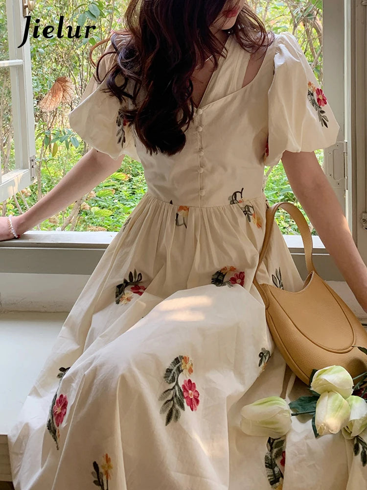 High Street Embroidery Fake Two-piece Women Dress Korean Style Apricot Puff Sleeve Summer Elegant Sweet Female Dresses