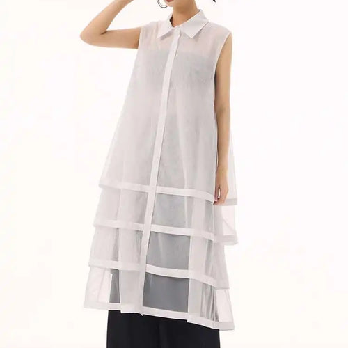 Load image into Gallery viewer, Women Black Layers Mesh Big Size Midi Vest Shirt Dress New Lapel Sleeveless Fashion Tide Spring Summer 2025 1DH9472
