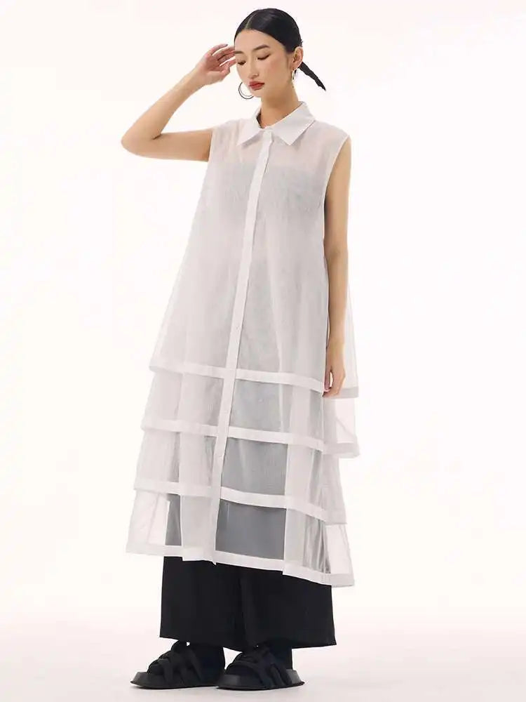Women Black Layers Mesh Big Size Midi Vest Shirt Dress New Lapel Sleeveless Fashion Tide Spring Summer 2025 1DH9472