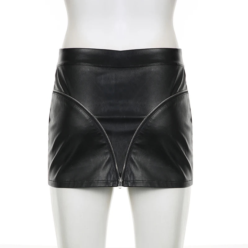 Streetwear Fashion Bodycon PU Leather Skirt Women Open Zipper Sexy Hottie Club Party Mini Skirts Gothic Bottoms Short