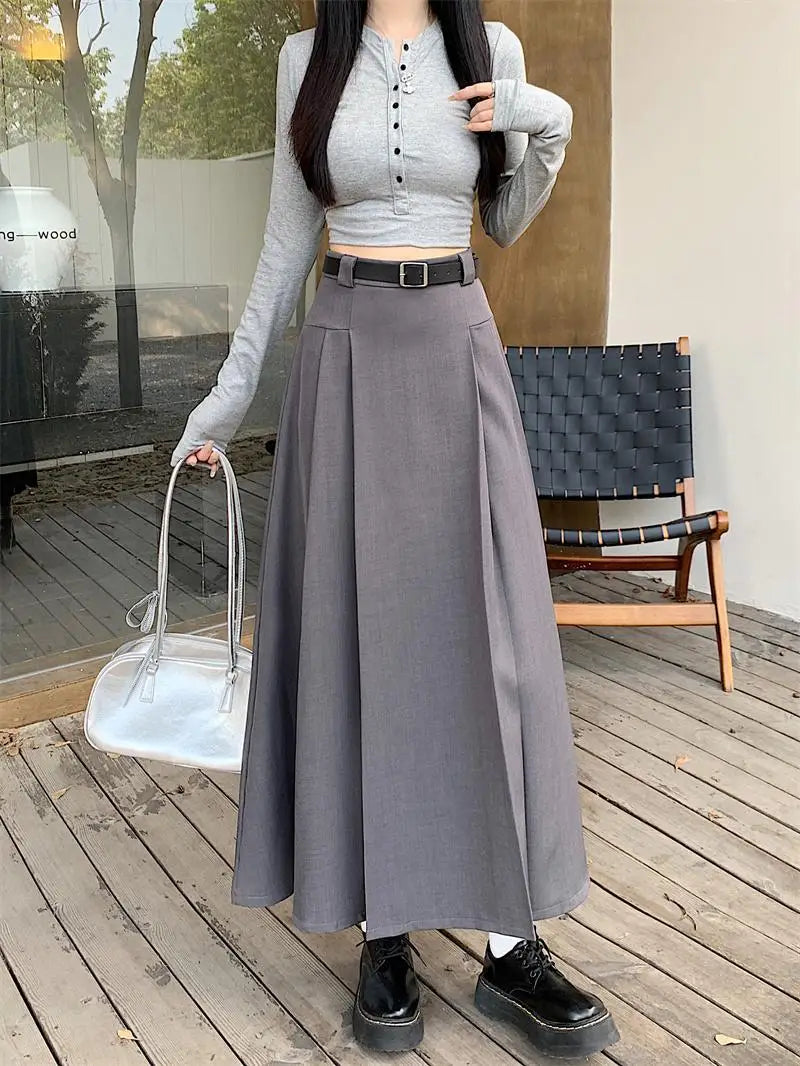 French Vintage Women Black Grey Elegant A-line Long Skirt 2024 New Autumn Winter Brown Versatile Pleated Skirt Streetwear simple