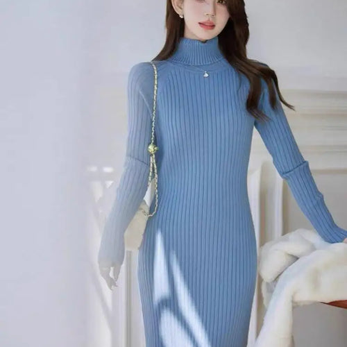 Load image into Gallery viewer, Autumn Winter White Sweater Dresses Fashion Female Black Long Sleeve Skinny Casual Blue Turtleneck Kintted Wrap Hip Dress Women

