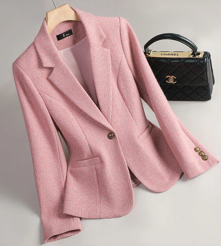 Korean Fashion Women Autumn Winter Retro Brown Gray Long Sleeves Woolen Blazers Coat Vintage Pink Elegant Single Button Tops New