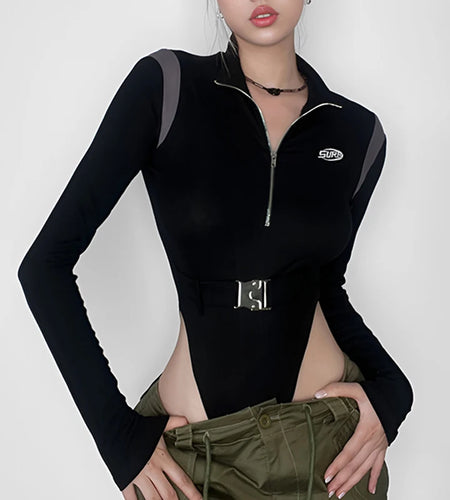 Streetwear Zipper Autumn Bodysuit Female Spliced Buckle Long Sleeve Body Moto&Biker Style Jumpsuit Long Sleeve Shirts