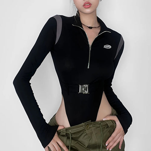 Load image into Gallery viewer, Streetwear Zipper Autumn Bodysuit Female Spliced Buckle Long Sleeve Body Moto&amp;Biker Style Jumpsuit Long Sleeve Shirts
