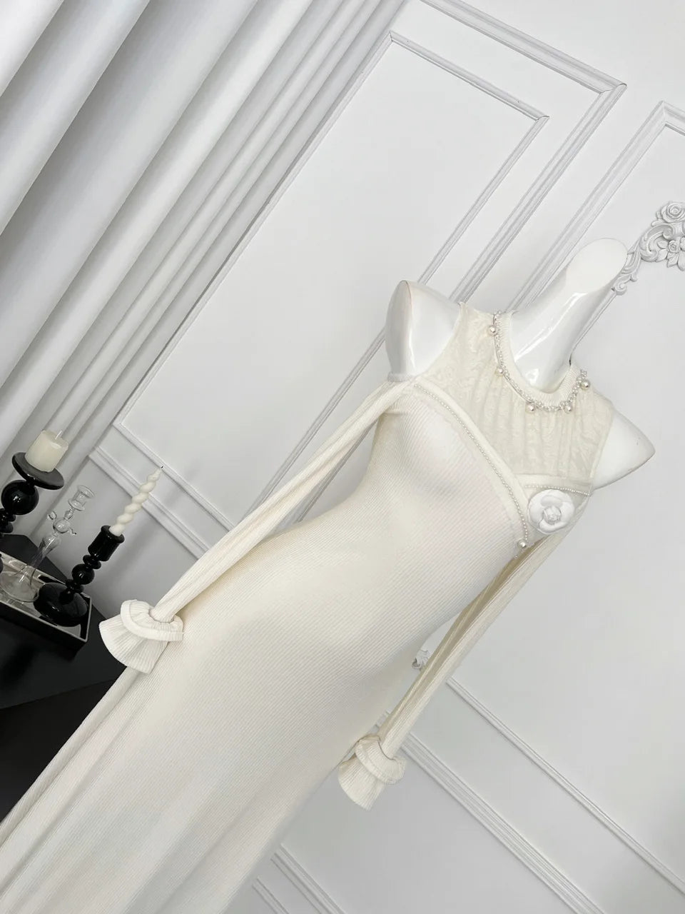 French Vintage Beige Pearl Patchwork Lace Off Shoulder Dress Sexy Round Neck Long Sleeved Elegant Party Evening Gown Dress Trend