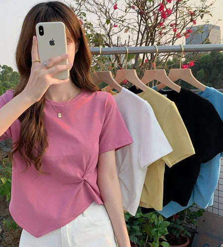 Y2K Irregular T-shirt Women Summer Skinny T Shirt Femme Solid Short Sleeve Korean Kpop Slim O-Neck Tshirt Woman Clothes Top
