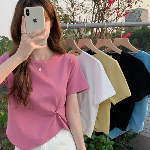 Load image into Gallery viewer, Y2K Irregular T-shirt Women Summer Skinny T Shirt Femme Solid Short Sleeve Korean Kpop Slim O-Neck Tshirt Woman Clothes Top
