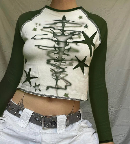 Harajuku Tie Dye Star Printed Y2K Vintage Autumn Tee Shirts Bodycon Stitch Patchwork Casual Female T shirt Top Kawaii