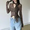 Leopard Tops Women Grunge Clothes See Through V Neck Long Sleeve Button T Shirts with Scarf y2k Clothing Streetwear