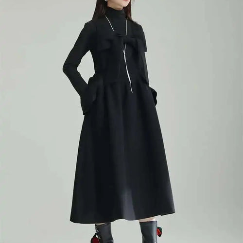 Load image into Gallery viewer, Women Gray Bow Bandage Spliced Long Elegant Woolen Dress New Sleeveless Loose Fit Fashion Tide Autumn Winter 2025 1DF3527
