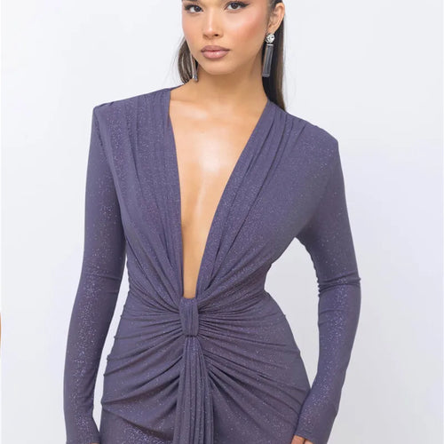 Load image into Gallery viewer, Glitter Deep V Neck Sexy Maxi Dress For Women Elegant Sparkle Long Sleeve Ruched Bodycon Split Club Party Sexy Dress
