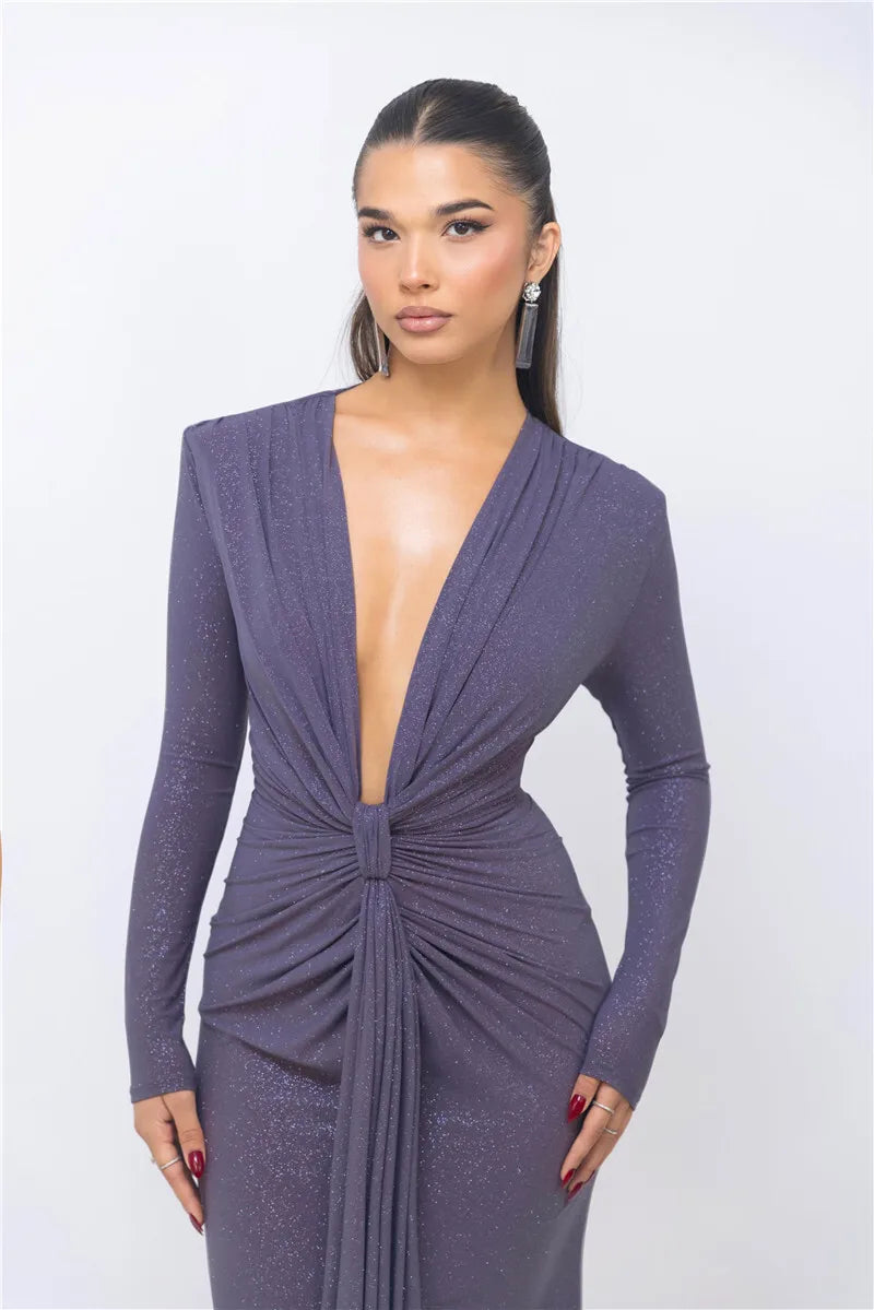Glitter Deep V Neck Sexy Maxi Dress For Women Elegant Sparkle Long Sleeve Ruched Bodycon Split Club Party Sexy Dress
