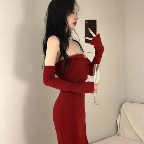 Load image into Gallery viewer, Knitted Sexy Bodycon Birthday Halter Mini Dress Women Y2k Autumn Off Shoulder Split Short Party Backless Dresses Slim
