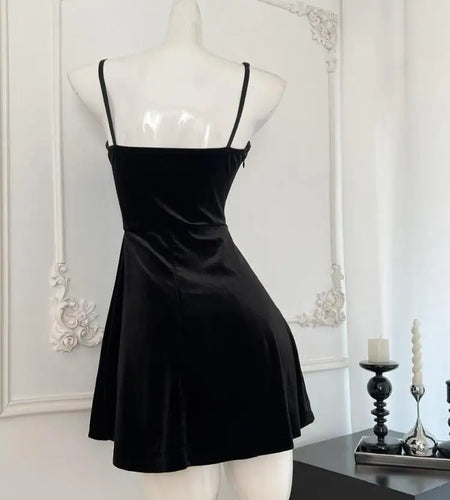 Vintage Black Velvet Flower Elegant Backless Short Dress For Women 2024 Spring Summer Sexy Club Holiday Slip Mini Dress Popular