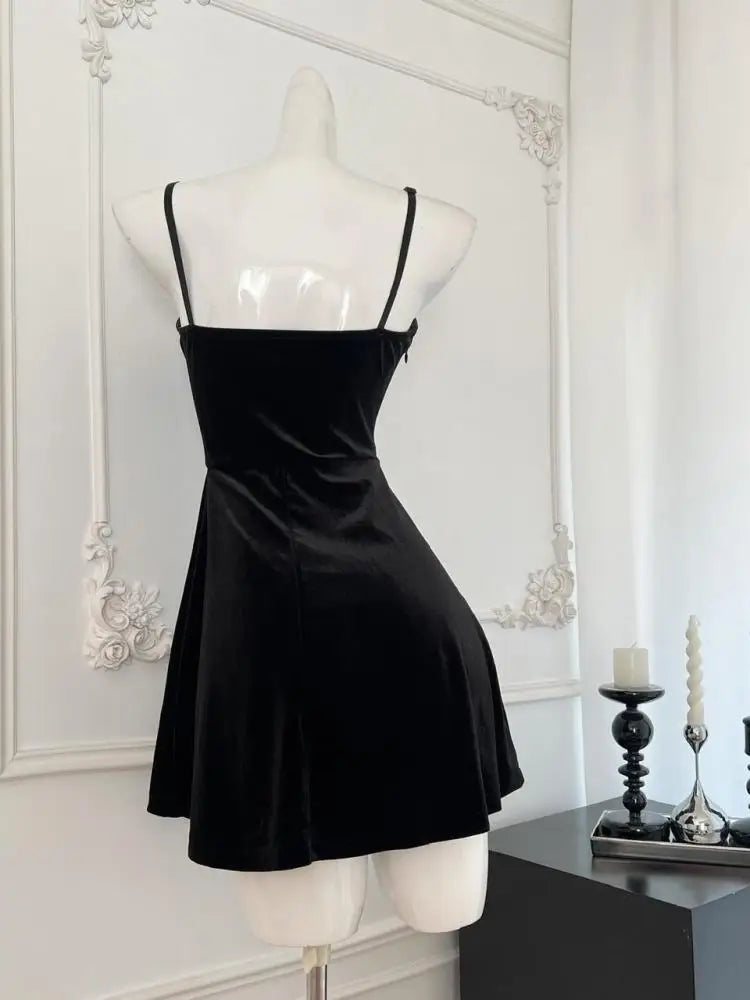 Vintage Black Velvet Flower Elegant Backless Short Dress For Women 2024 Spring Summer Sexy Club Holiday Slip Mini Dress Popular
