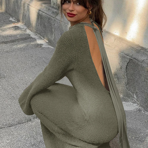 Load image into Gallery viewer, Solid Long Sleeve Backless Bandage Sexy Slim Maxi Dress 2024 Fall Winter Women Fashion New Y2K Outfit Party Festival
