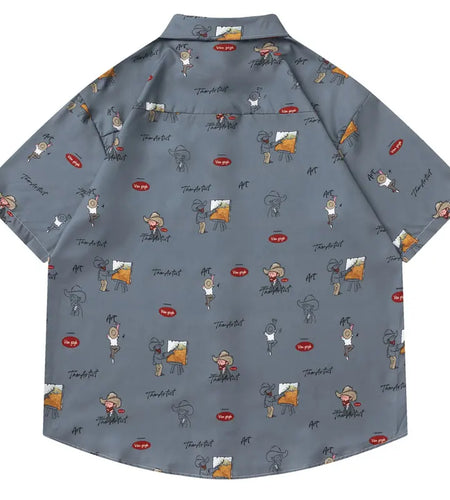 Harajuku Hawaiian Shirts Cartoon Van Gogh Graphic Printed Summer Beach Blouse Hip Hop Casual Baggy Short Sleeve Button Up Tops