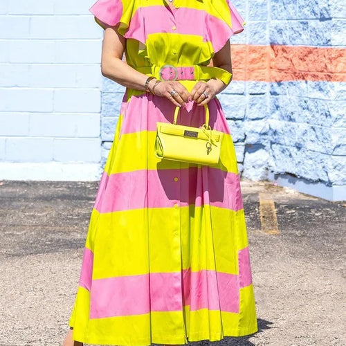 Load image into Gallery viewer, Women Contrast Color Maxi Dress 2025 Summer Elegant Pleated Stripes Belted with Pockets Party Long Dresses for Woman
