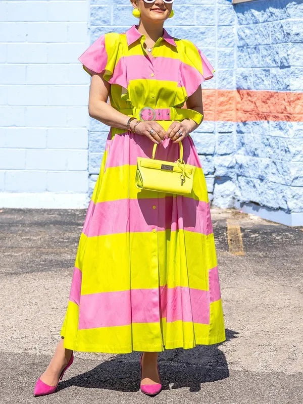 Women Contrast Color Maxi Dress 2025 Summer Elegant Pleated Stripes Belted with Pockets Party Long Dresses for Woman