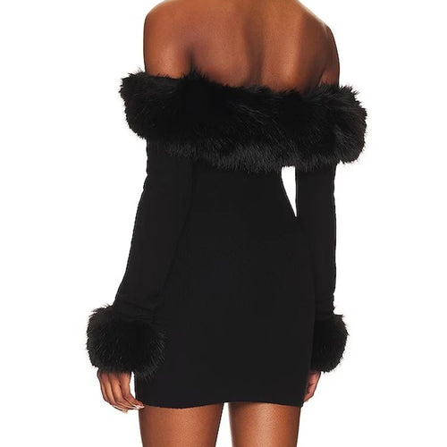 Load image into Gallery viewer, Spliced Feathers Sexy Knitting Mini Dresses For Women Slash Neck Long Sleeve High Waist Backless Solid A Line Dress Female
