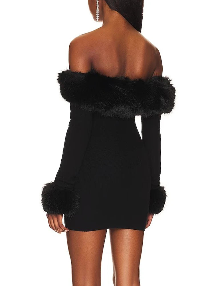 Spliced Feathers Sexy Knitting Mini Dresses For Women Slash Neck Long Sleeve High Waist Backless Solid A Line Dress Female