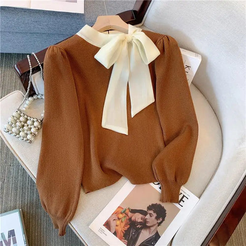 Load image into Gallery viewer, Black Patchwork Bow Collar Women Elegant Sweater Korean Chic Slim Knitted Long Sleeve Office Lady Pullover Top Autumn Winter New
