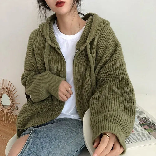 Load image into Gallery viewer, Double Zipper Women Y2k Knitwear Autumn Ladies Streetwear Jacket Sweater Coat Grunge Vintage Loose Solid Hooded Cardigans Damski
