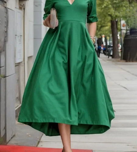 Women Party Dresses Half Sleeves V-neck Pleated Long Sleeves Solid Purple Green Black Evening Christmas Long Dresses