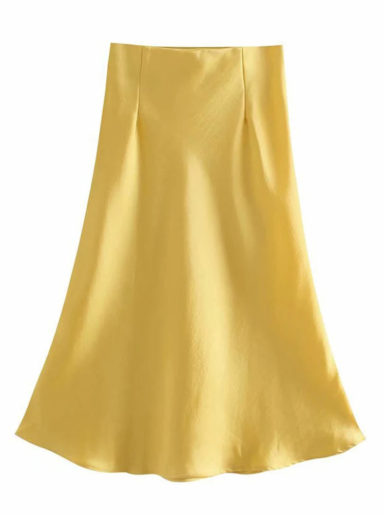 Hot Sale Solid Satin Elastic Waist Women A-Line Skirt Summer Female Slim Falda