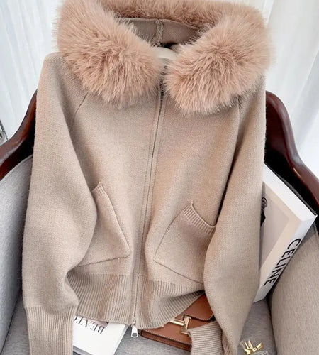 French Fashion Women Solid Long Sleeve Knitted Sweater 2024 New Autumn Winter Ladies Hairy Neck Hooded Zipper Cardigan Tops Chic