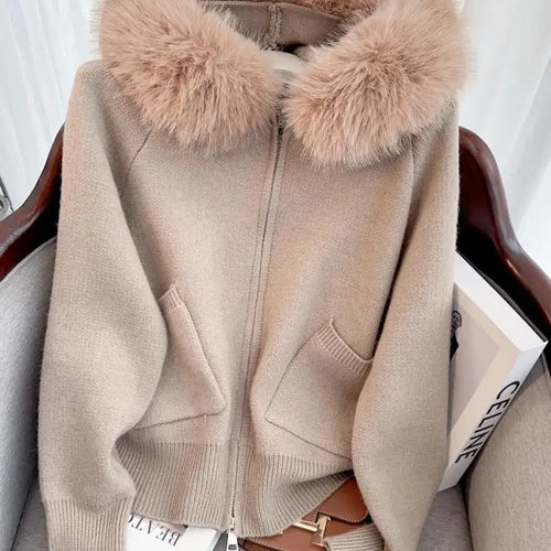 Load image into Gallery viewer, French Fashion Women Solid Long Sleeve Knitted Sweater 2024 New Autumn Winter Ladies Hairy Neck Hooded Zipper Cardigan Tops Chic
