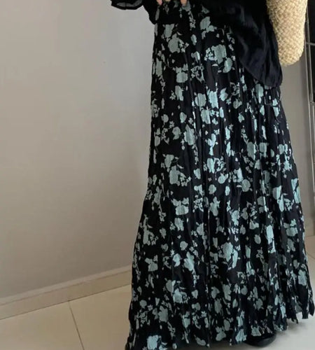 Spring Summer French Fashion Retro Rose Red Floral Elegant Slim Long Skirt Women Black High Waisted Vacation Half Skirt Bohemian