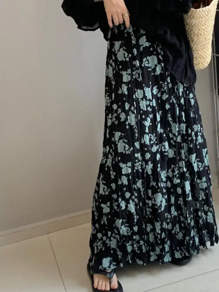 Spring Summer French Fashion Retro Rose Red Floral Elegant Slim Long Skirt Women Black High Waisted Vacation Half Skirt Bohemian