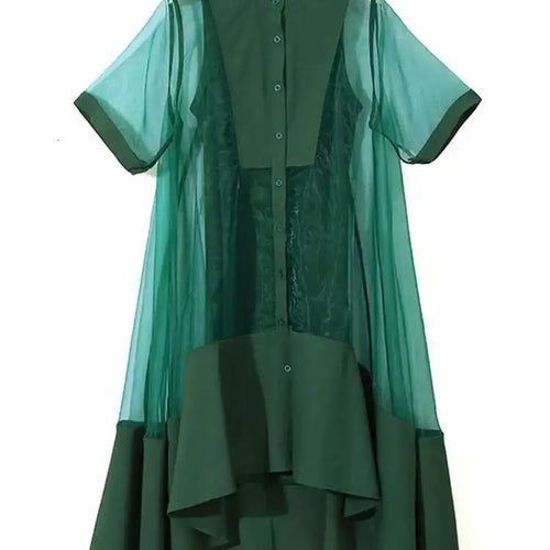 Load image into Gallery viewer, Women Green Organza Irregular Shirt Dress New Stand Collar Half Sleeve Loose Fit Fashion Tide Spring Summer 2025 JT581
