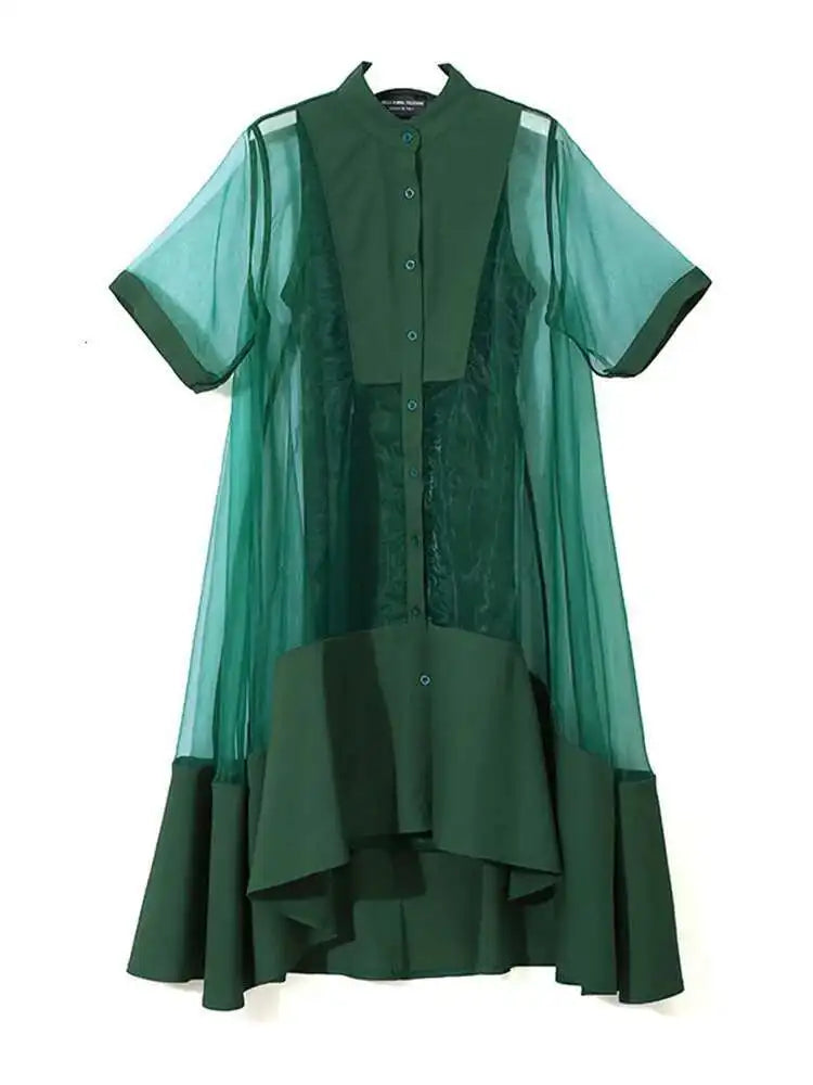 Women Green Organza Irregular Shirt Dress New Stand Collar Half Sleeve Loose Fit Fashion Tide Spring Summer 2025 JT581