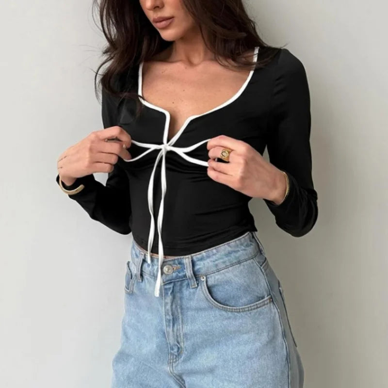y2k Crop Top Women Sexy Clothes Square Neck Tie Front Contrast Color Long Sleeve T Shirt 2000s Clothing Streetwear