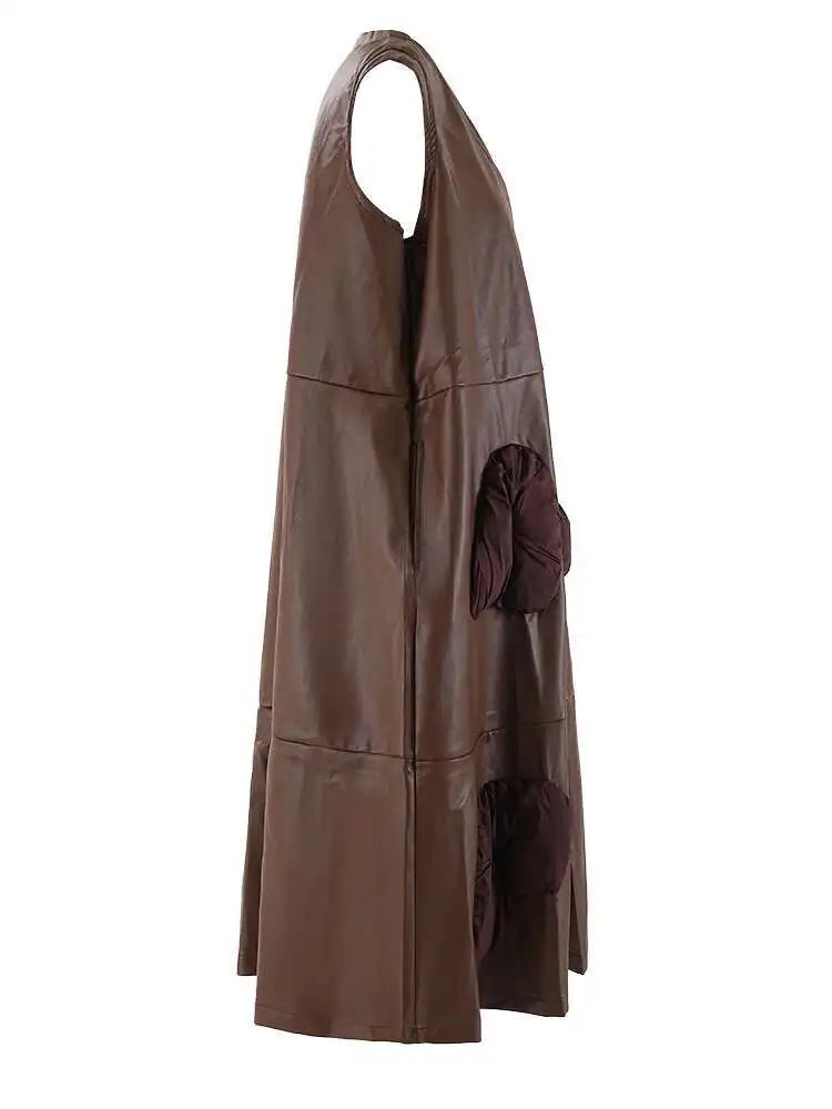 Women Black  Pu Leather Pockets Big Size Long Vest Dress New V-Neck Sleeveless Fashion Tide Spring Autumn 2025 CPG2085