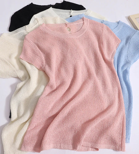 Summer Simple Solid Short Sleeve Hollow Out Knitted T Shirt Women Round Neck Cotton Pullover Tops 2024 Popular Casual Streetwear