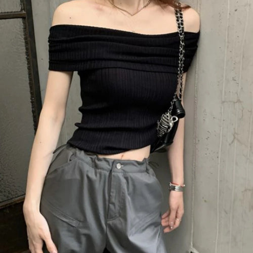 Load image into Gallery viewer, Slash Neck Short Sleeve Y2k Aesthetic T-Shirts Women Chic Off Shoulder Slim Tshirts Summer Fashion Casual Bottoming Tee Shirts
