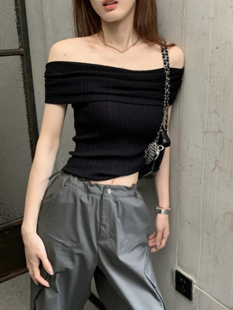 Slash Neck Short Sleeve Y2k Aesthetic T-Shirts Women Chic Off Shoulder Slim Tshirts Summer Fashion Casual Bottoming Tee Shirts