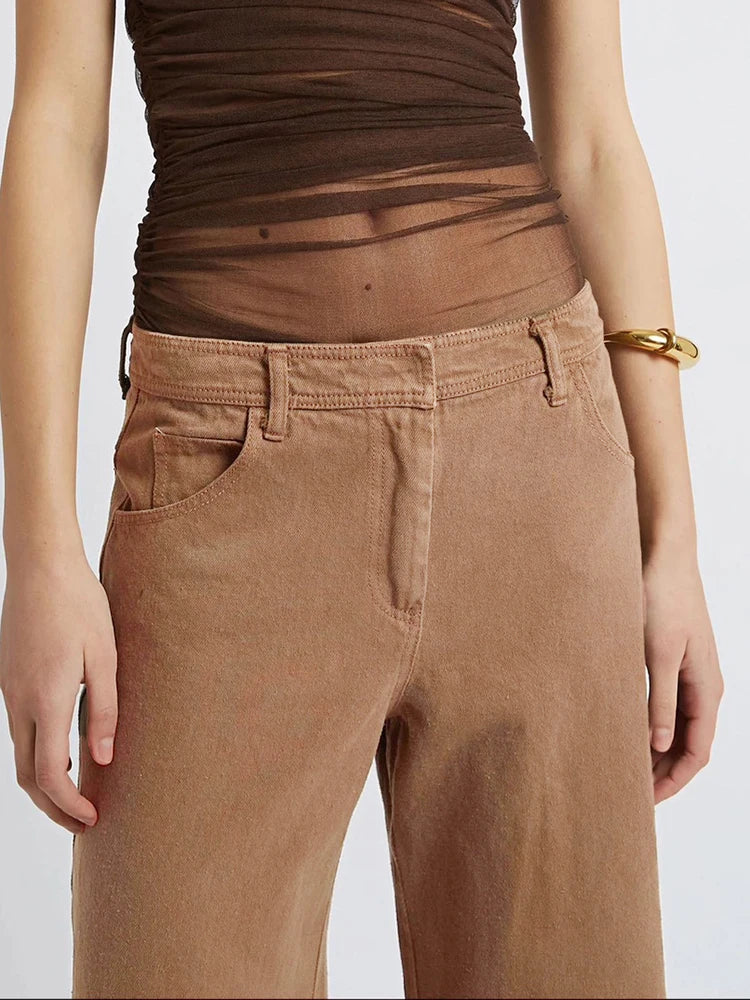 Solid Raw Hem Casual Denim Floor Length Trousers For Women High Waist Spliced Pockets Loose Wide Leg Jeans Female Fashion