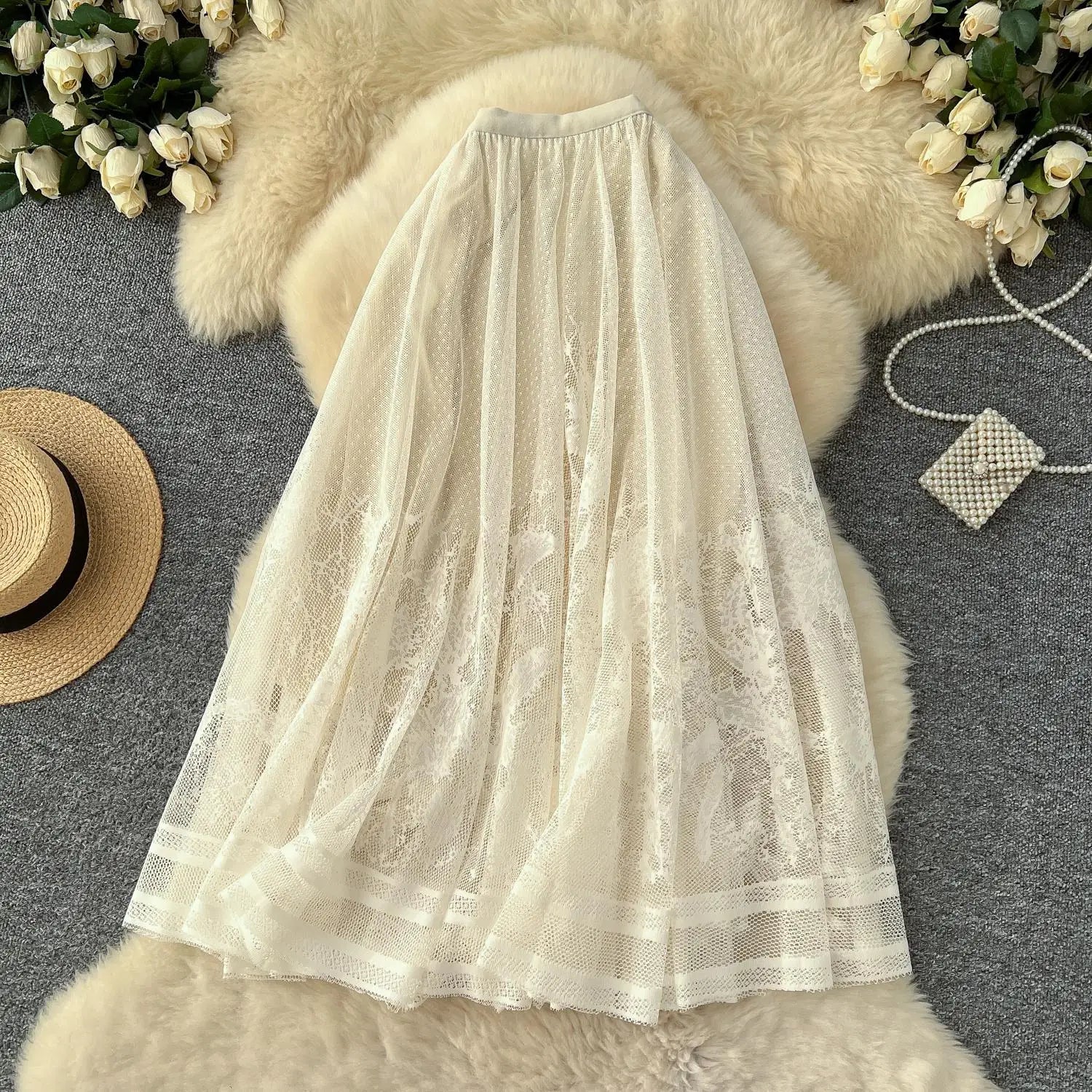 Vintage Elegant Women Black White Mesh High Waist Vacation Long Skirt Autumn Winter New Brown Pleated A-line Short Skirt Popular