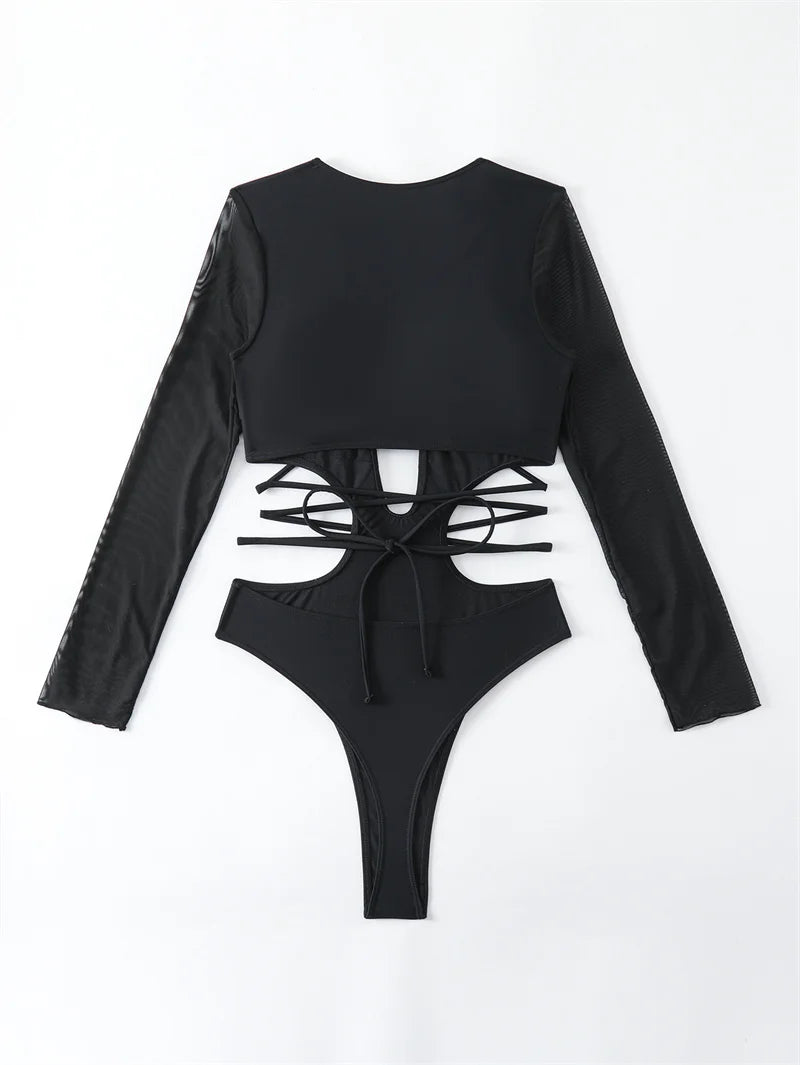 Black Long Sleeve One Piece Swimsuit 2024 Swimwear for Women Sexy Hollow Out Bathing Suit Around Bandage Monokini