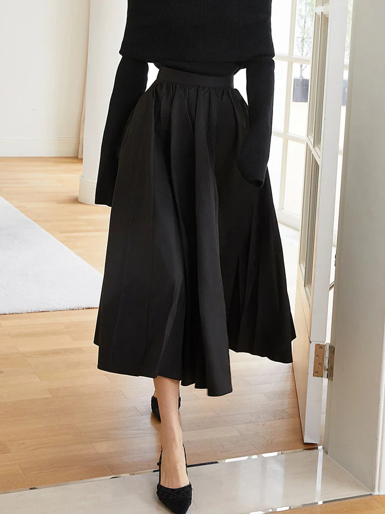 Casual Ruched Minimalist Solid Midi Skirt For Women High Waist A Line Solid Elegant Long Skirts Female Clothing