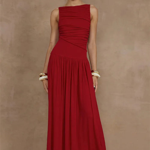 Load image into Gallery viewer, Elegant Sleeveless Maxi Dress For Women Fashion Solid Boat Neck Tank Dresses Ladies Sexy Ruched Long Dress New Gown
