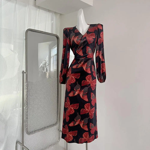 Load image into Gallery viewer, French Fashion Women New Red Print Long Sleeve Velvet Dress Autumn Winter V-neck Elegant High Waist Slim Holiday Wrap Hip Dress
