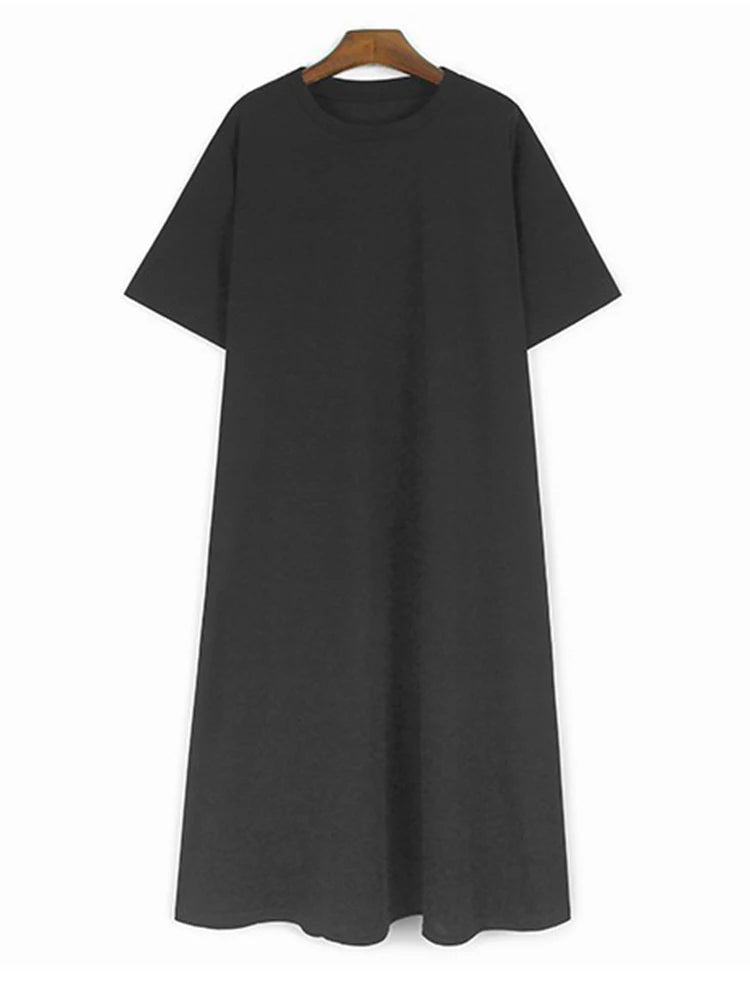 Women Blue Brief Pocket Casual Big Size Midi Dress New Round Neck Short Sleeve Fashion Tide Spring Summer 2025 1DJ1187