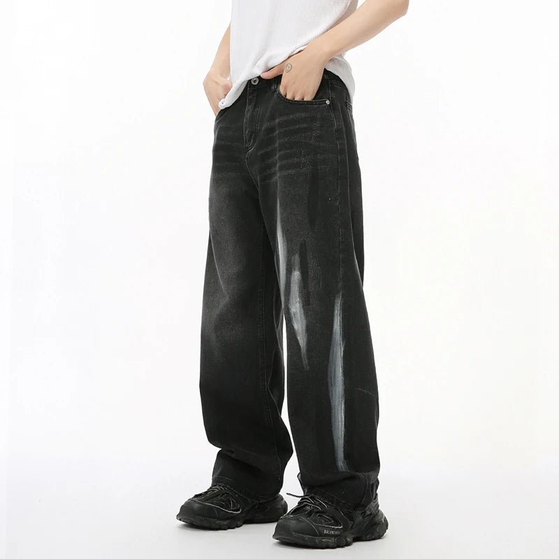 Men's Denim Pants Casual Graffiti Contrast Color Droop Straight Bottom Wide Leg Male Loose Trousers Stylish Niche 9C7208