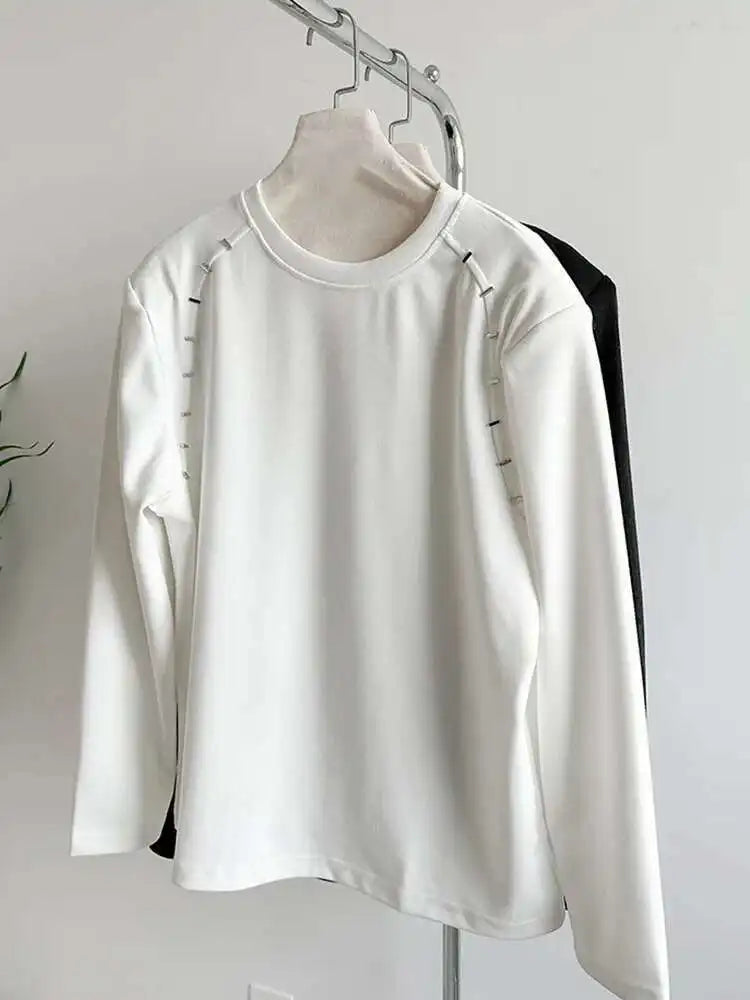 Women White Shouder Padded Big Size T-shirt New Round Neck Long Sleeve  Loose Fit Tees Fashion Spring Autumn 2025 1DH2633
